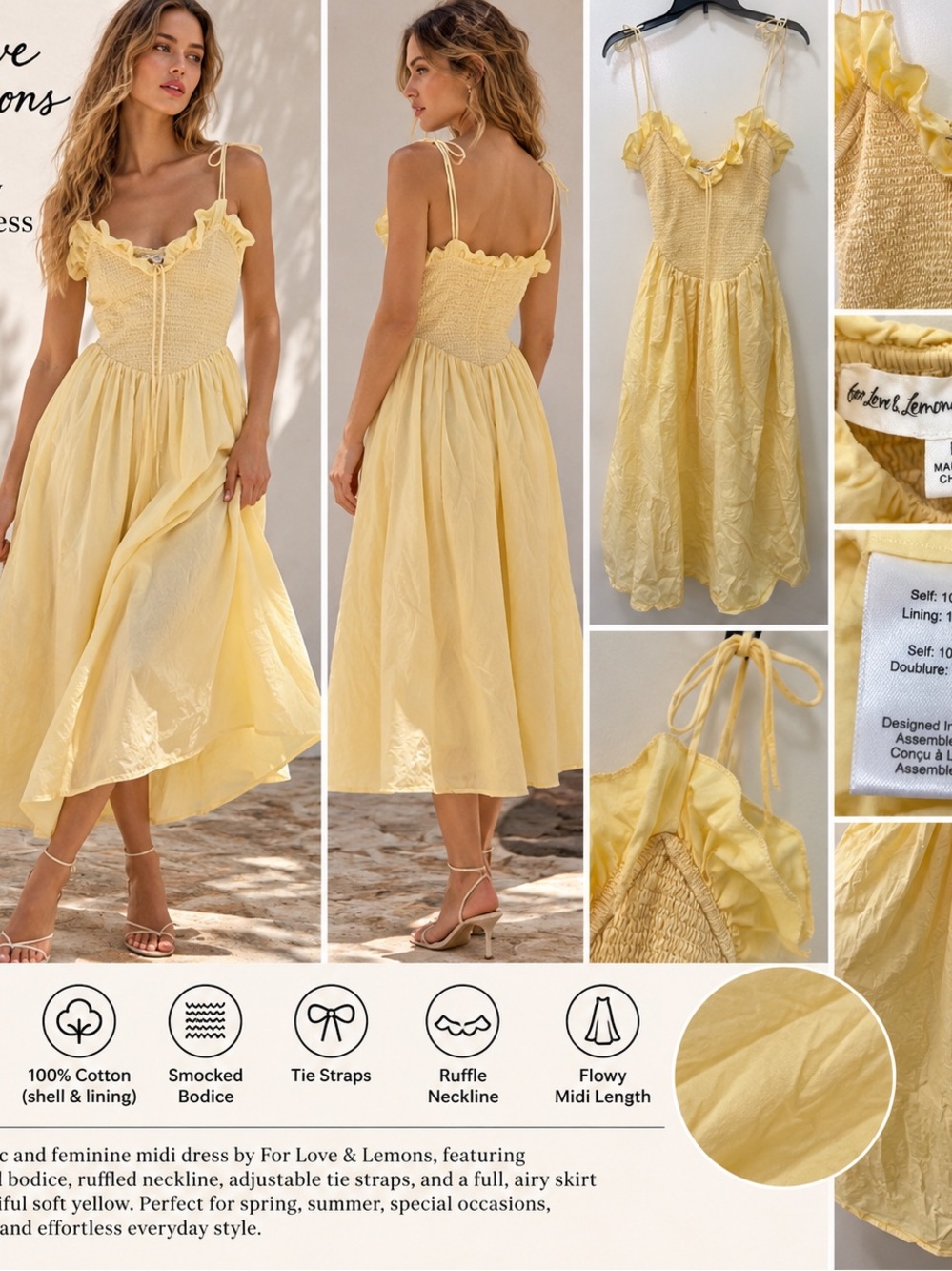 For Love & Lemons Bethany Midi Dress Yellow Size M